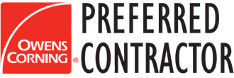 Owens Corning Preferred Contractor logo: red square with white line and company name, text 