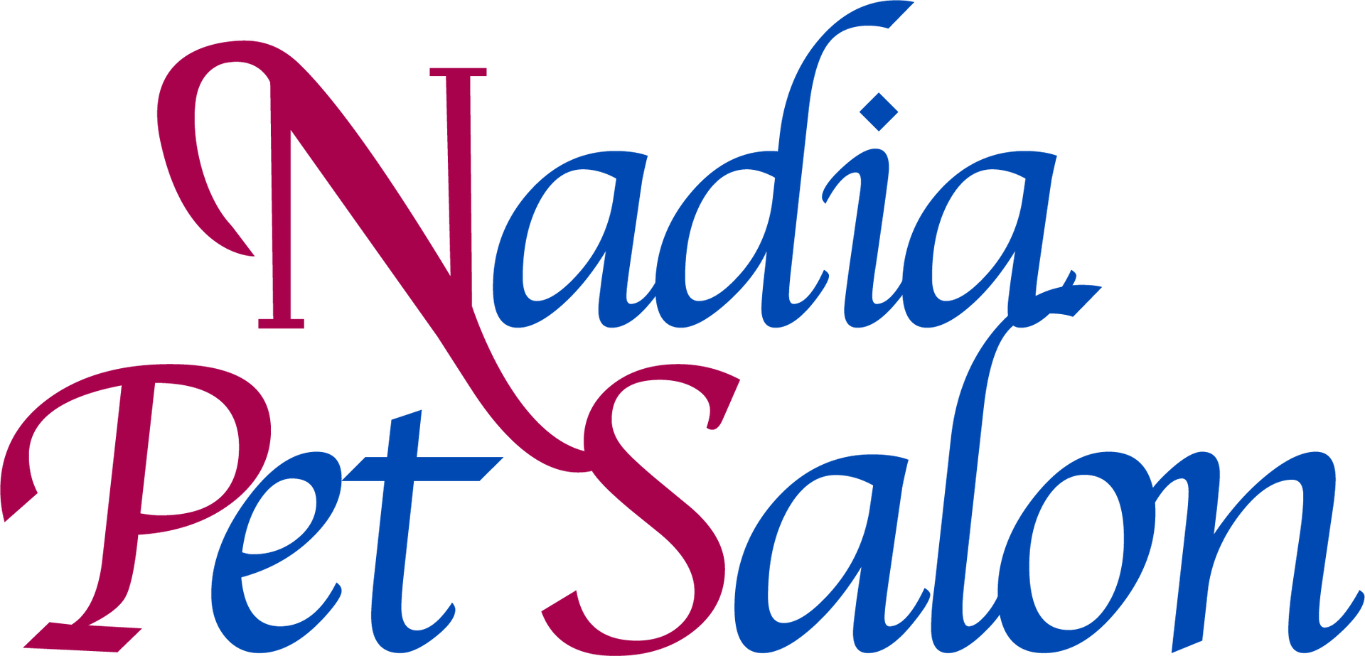 The logo for nadia pet salon is blue and red on a white background.