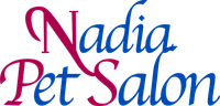 The logo for nadia pet salon is blue and red on a white background.