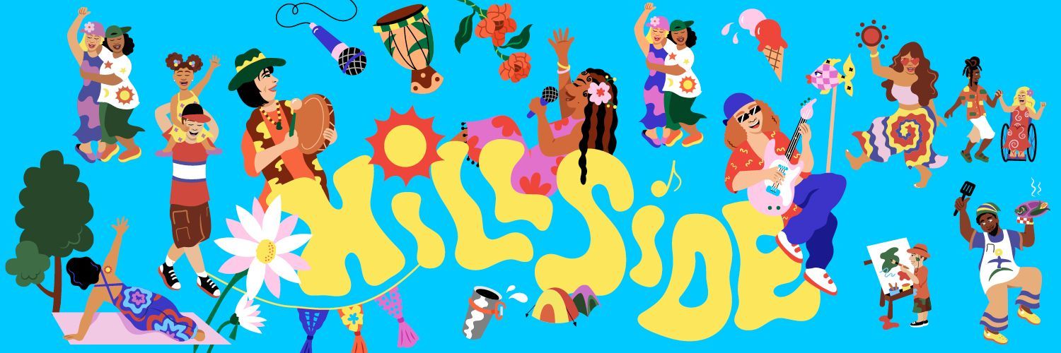 Hillside Festival graphic with styliszed depictions of musicians from various cultures