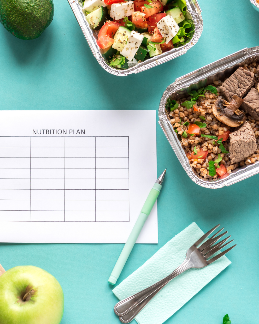 Nutrition plan next to two meal containers, an avocado, and an apple on a teal surface. A pen and fork are also present.