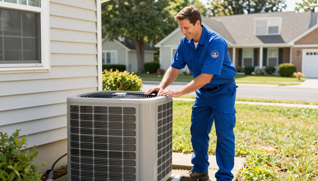 A professional HVAC technician servicing an outdoor AC unit in Southern MD.