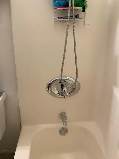 Bathtub and shower fixture with a handheld showerhead, mounted on a beige wall. A metal caddy holds various toiletries.