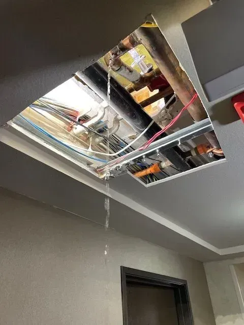 A rectangular hole in a ceiling reveals plumbing, wires, and a leak. Water drips from the opening, below a gray ceiling.