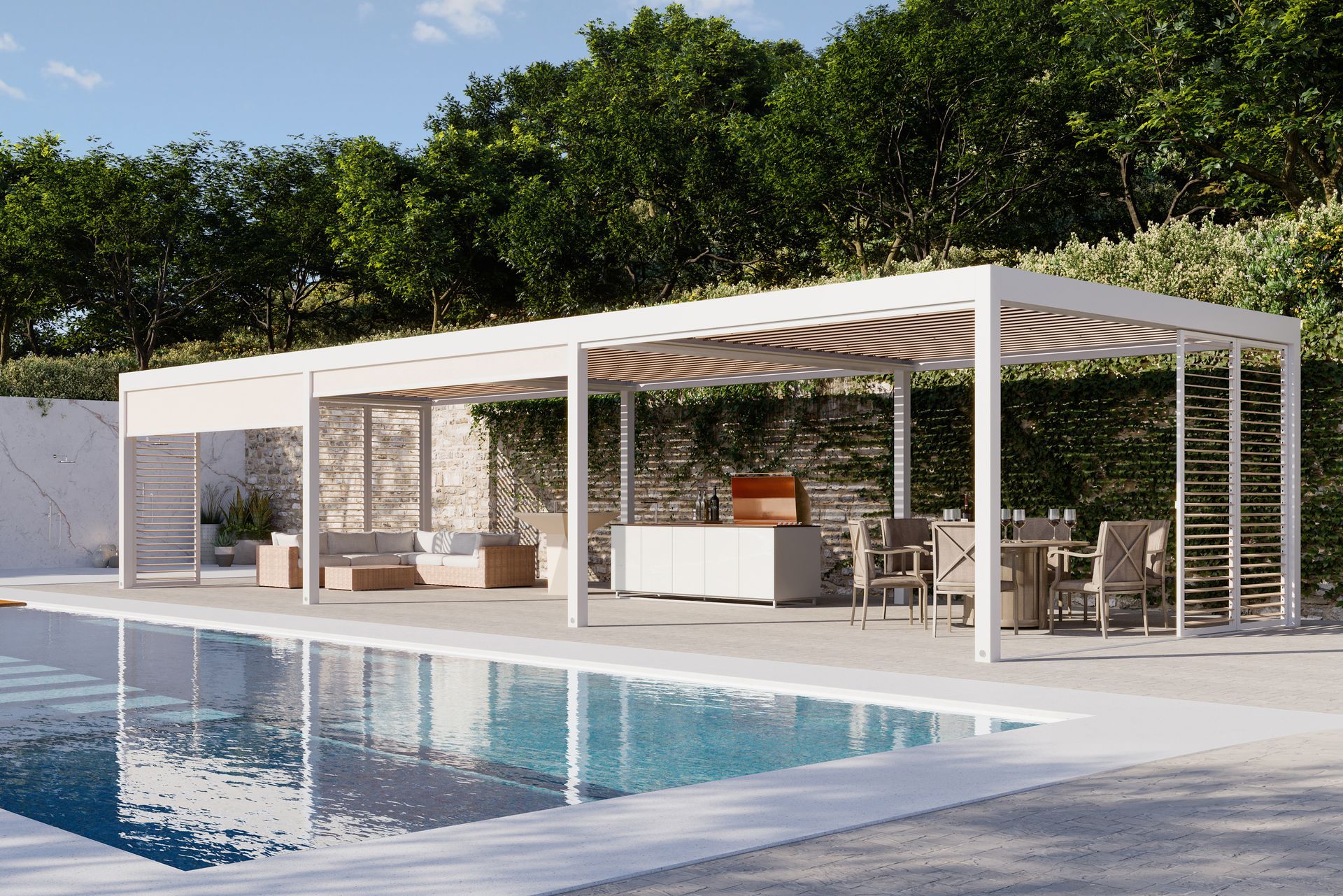 Un pergolato bianco è situato accanto a una piscina.