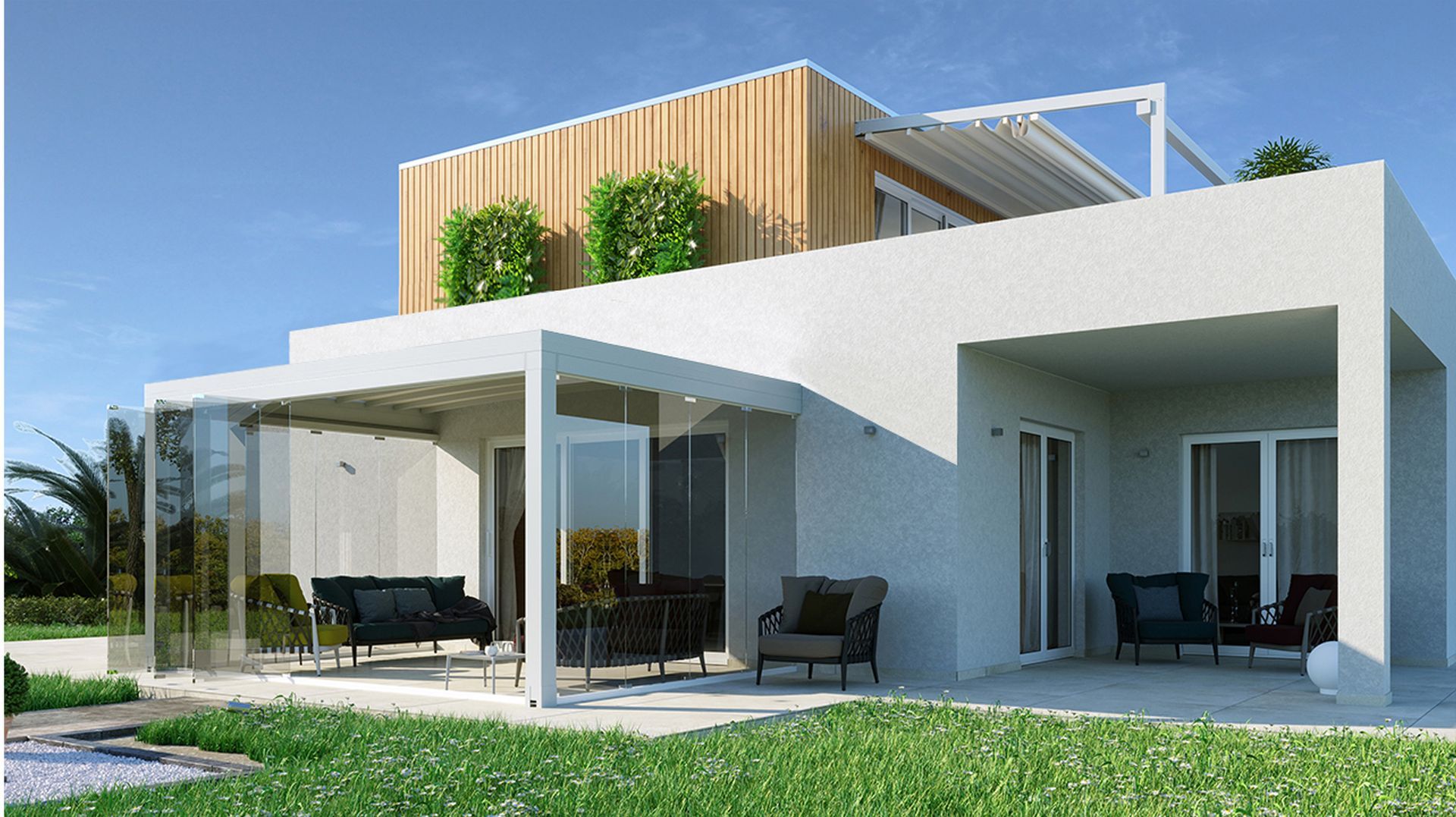 Rappresentazione artistica di una casa bianca con tetto in legno