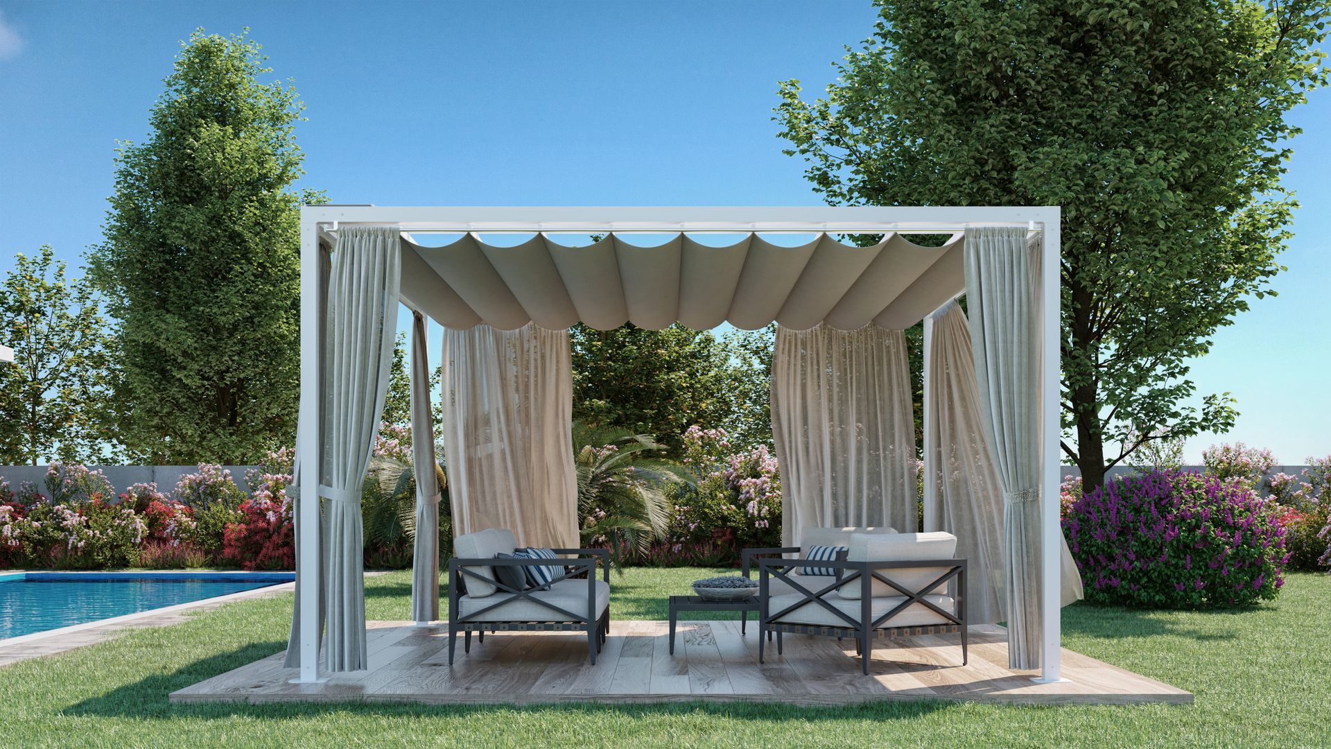 Un pergolato con tettoia e una piscina sullo sfondo.