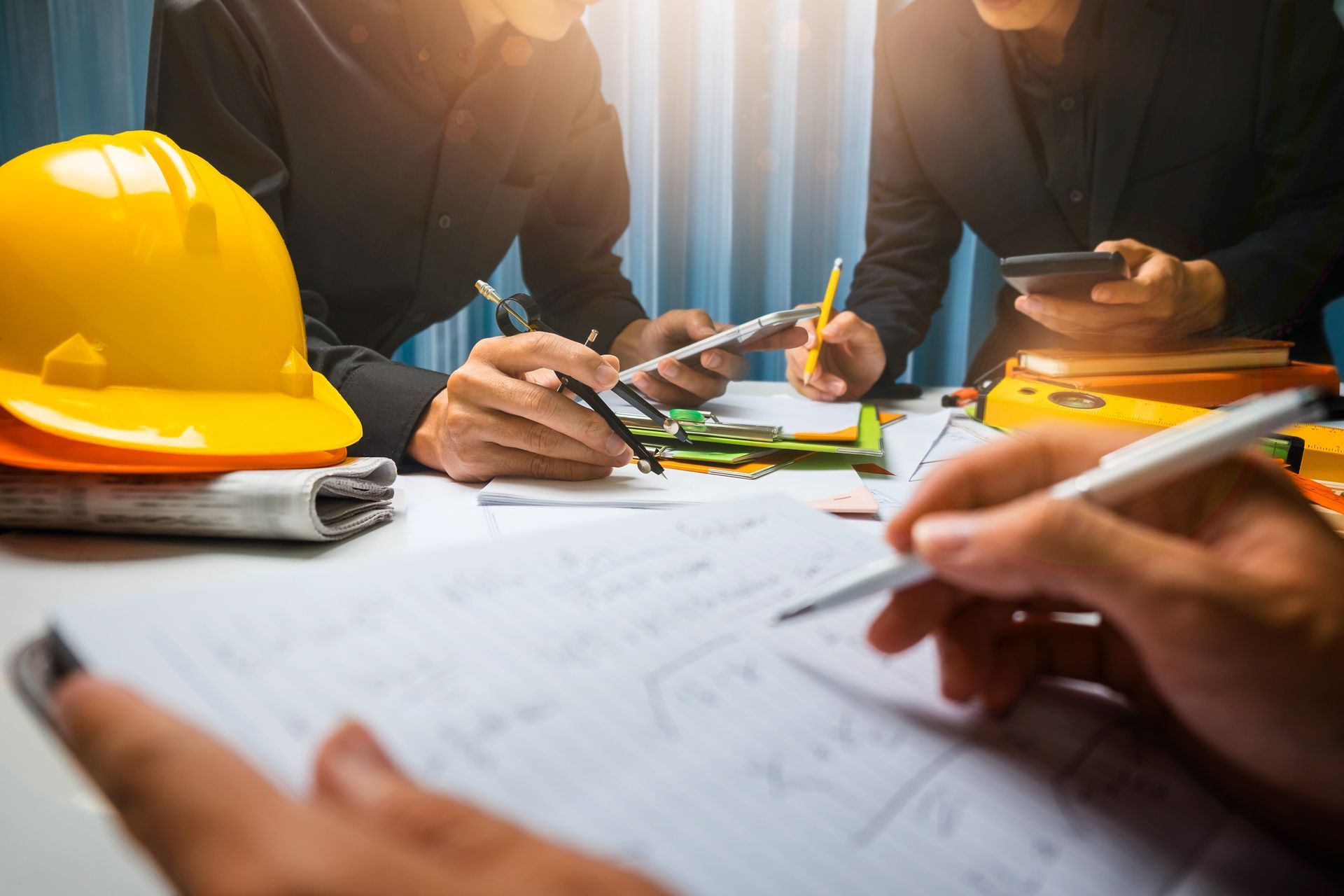 A group of people are sitting around a table looking at a blueprint.
