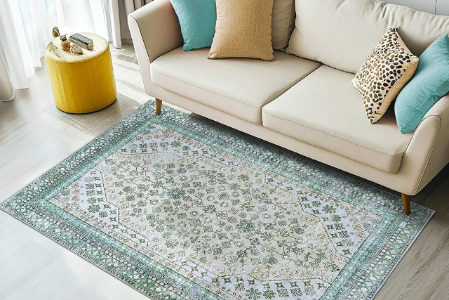 A light beige sofa with teal and patterned pillows sits on a light-colored floor next to a vintage-style green area rug.