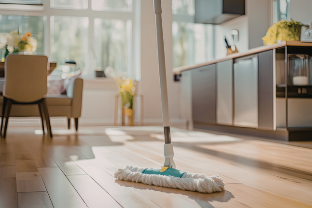 A mop cleaning a light-colored wooden floor in a bright, modern kitchen.