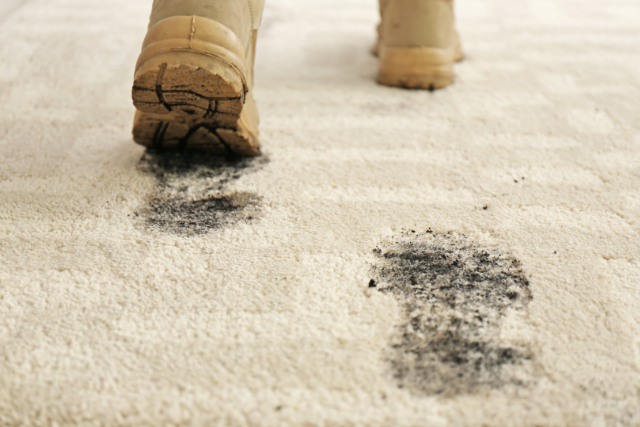 Tan boots walking on a light-colored carpet, leaving dark, muddy footprints behind.