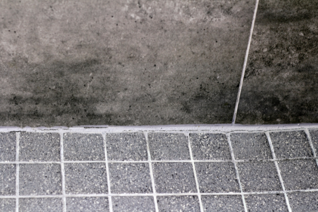 A close-up of a shower corner showing a gray, speckled tiled floor meeting a textured, dark gray wall with visible mold.