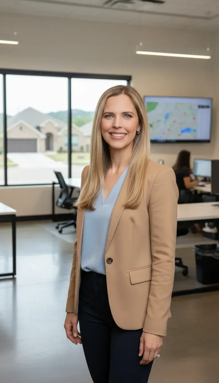 Blonde woman smiles, wearing a blue top and tan blazer, inside an office with homes in the background