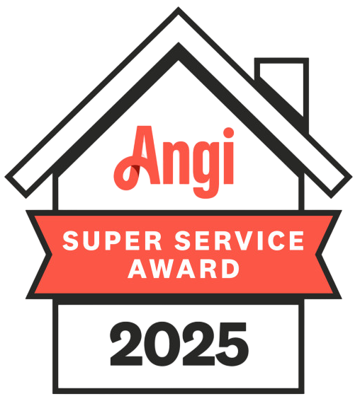 Angi Super Service Award 2025 badge in a house outline, red and white. Angi Super Service Award 2025 badge in a house outline, red and white.