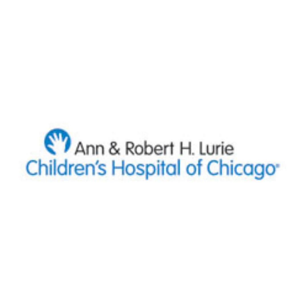 Logo for Ann & Robert H. Lurie Children's Hospital of Chicago, blue text and symbol of handprints.