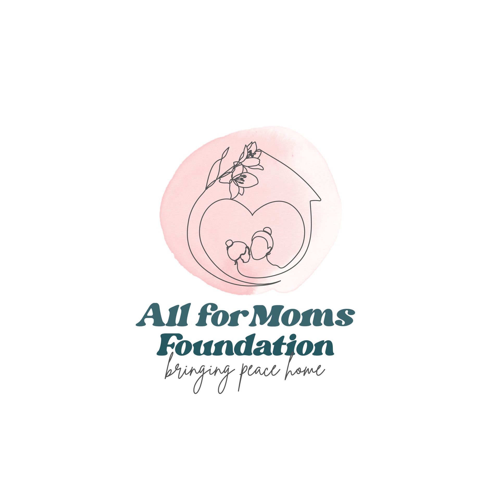 Logo for All for Moms Foundation: Pink circle with line art heart, flower, two figures, teal text.