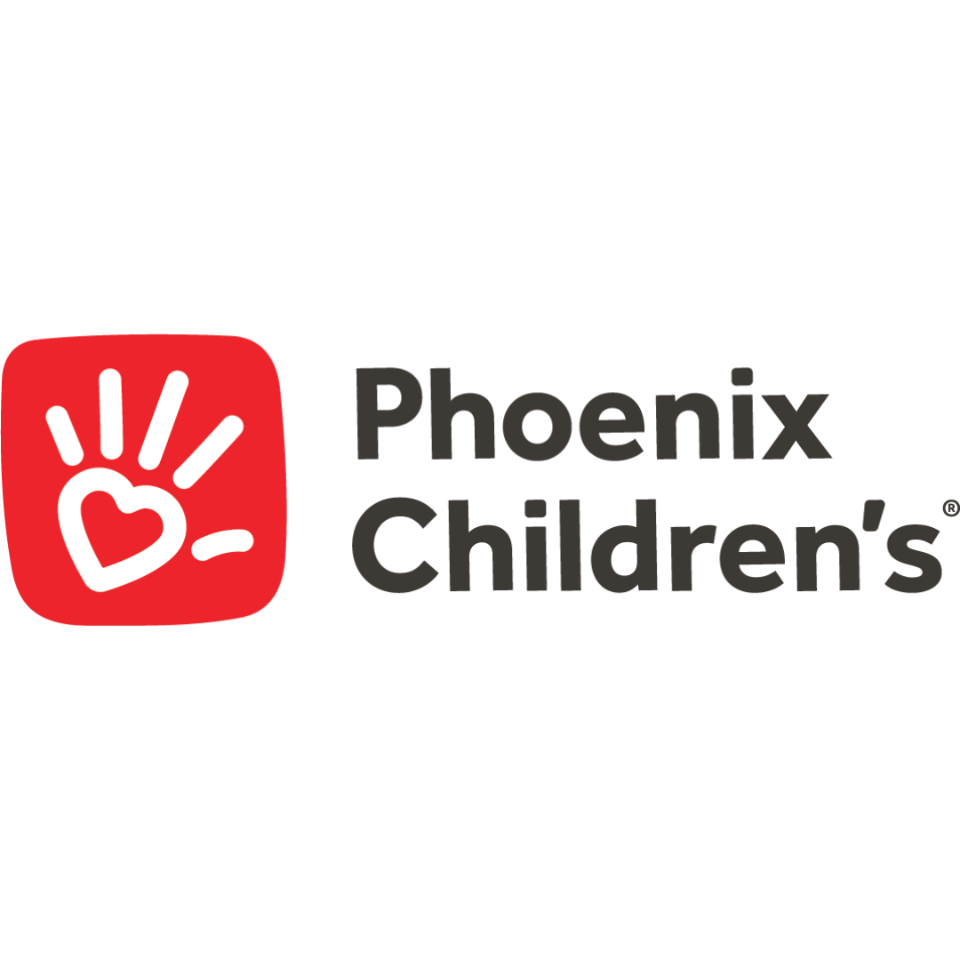 Logo for Phoenix Children's. Red square with white hand and heart graphic; text: 