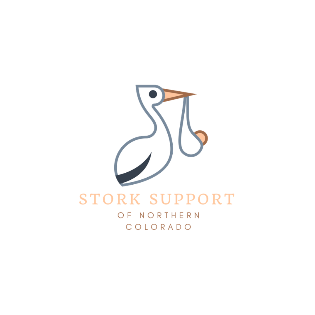 Logo for Stork Support of Northern Colorado: stork carrying a baby, text below.