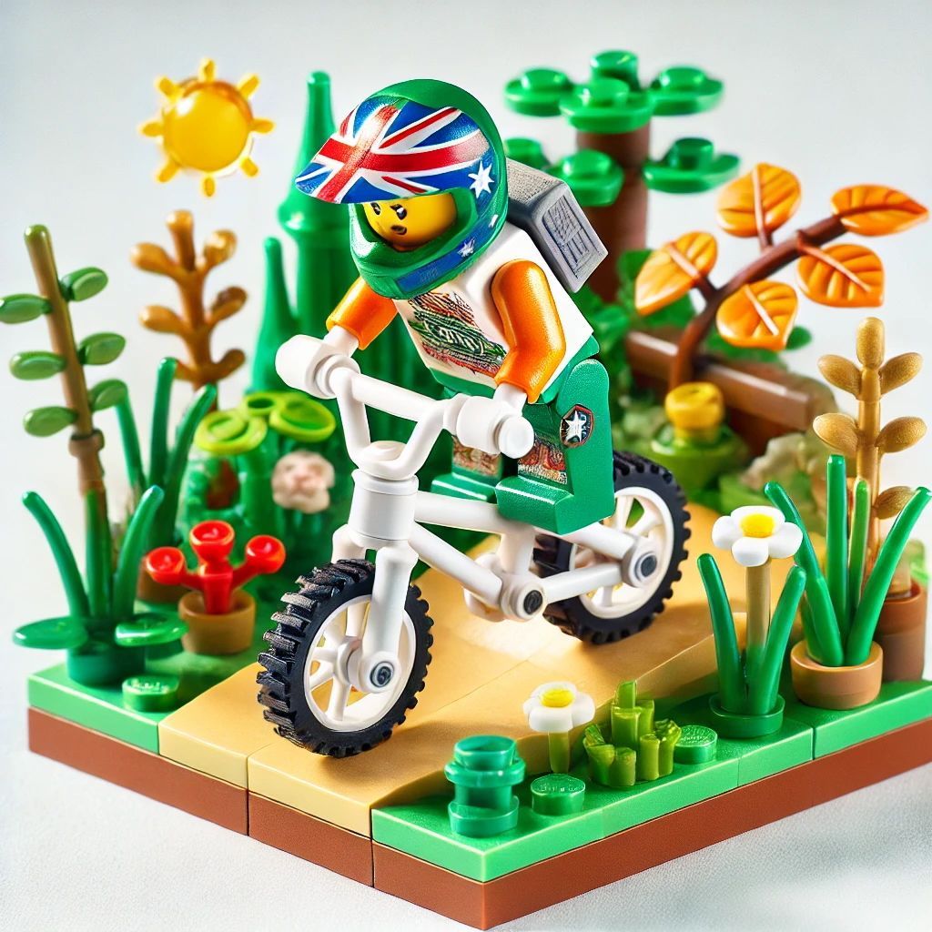 A lego figure is riding a bike in the woods