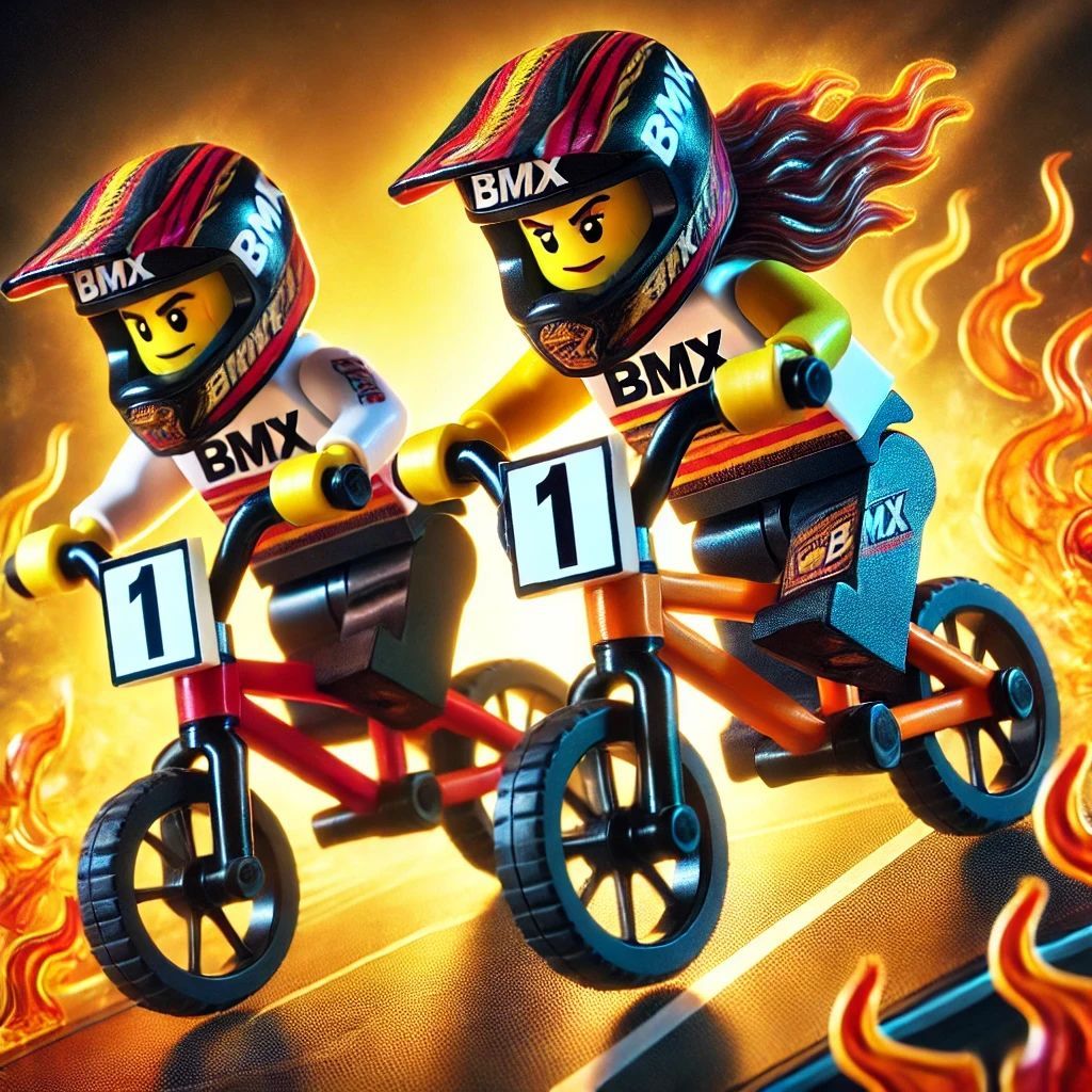 Two lego bmx racers are riding bikes on a race track.