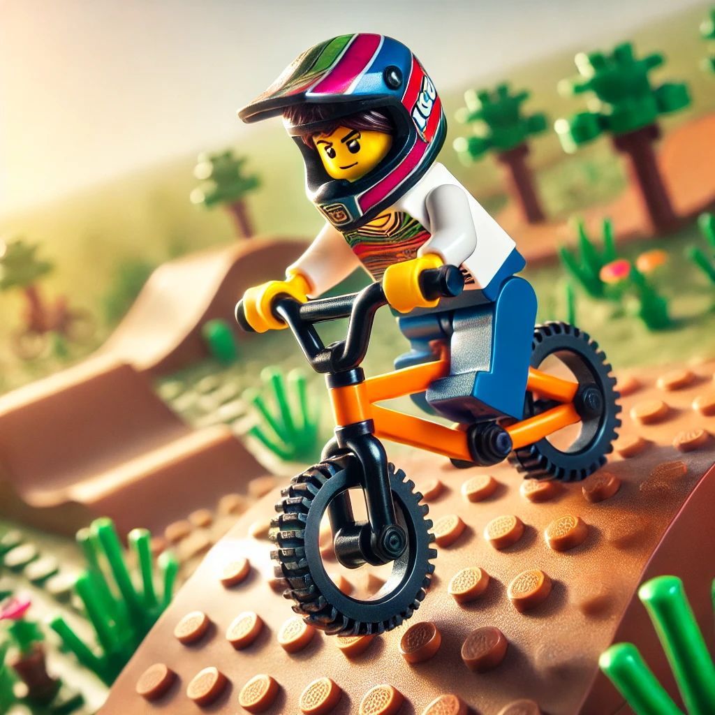 A lego figure wearing a helmet is riding a bike