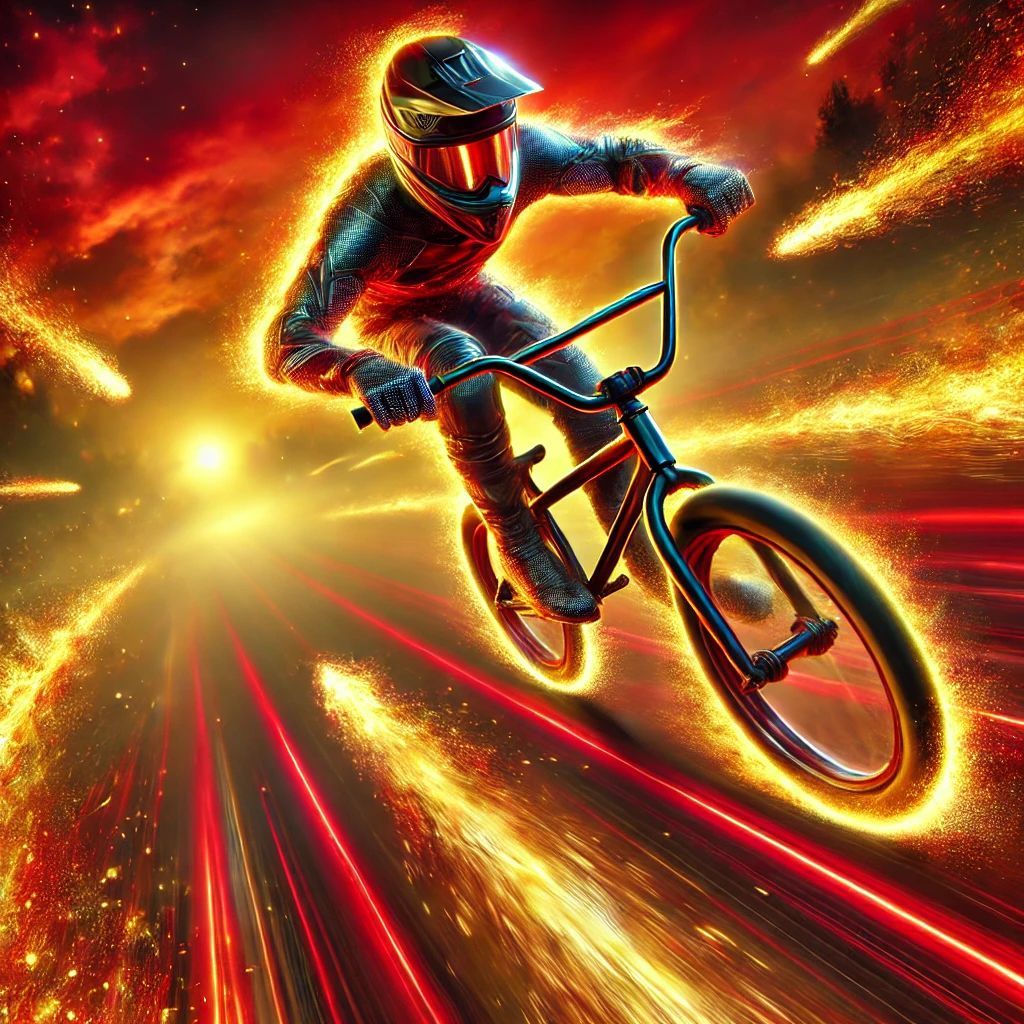 A man is riding a bicycle on a fire filled road.