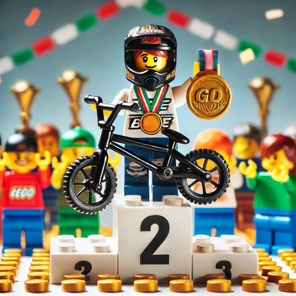 A lego figure holding a medal and a bike on a podium with the number 2