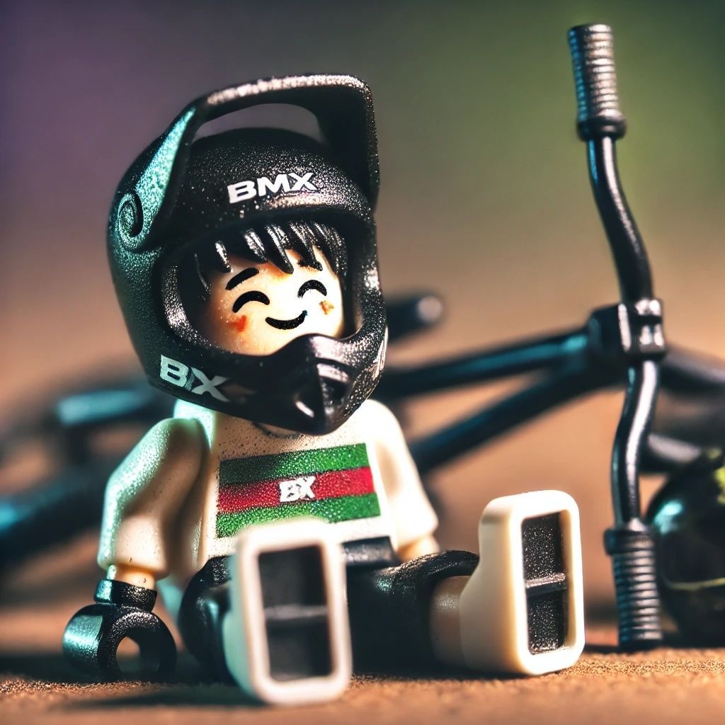 A lego figure wearing a bmx helmet is sitting next to a bike