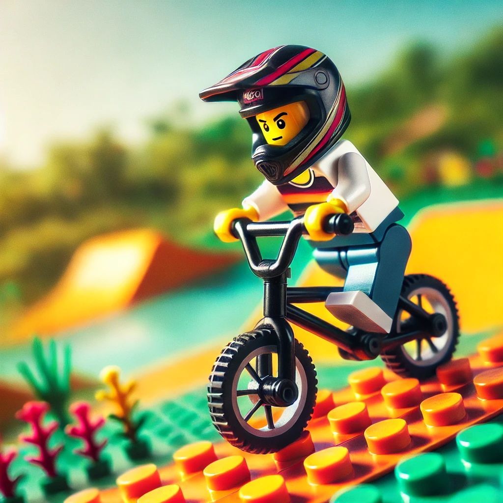 A lego man wearing a helmet is riding a bike