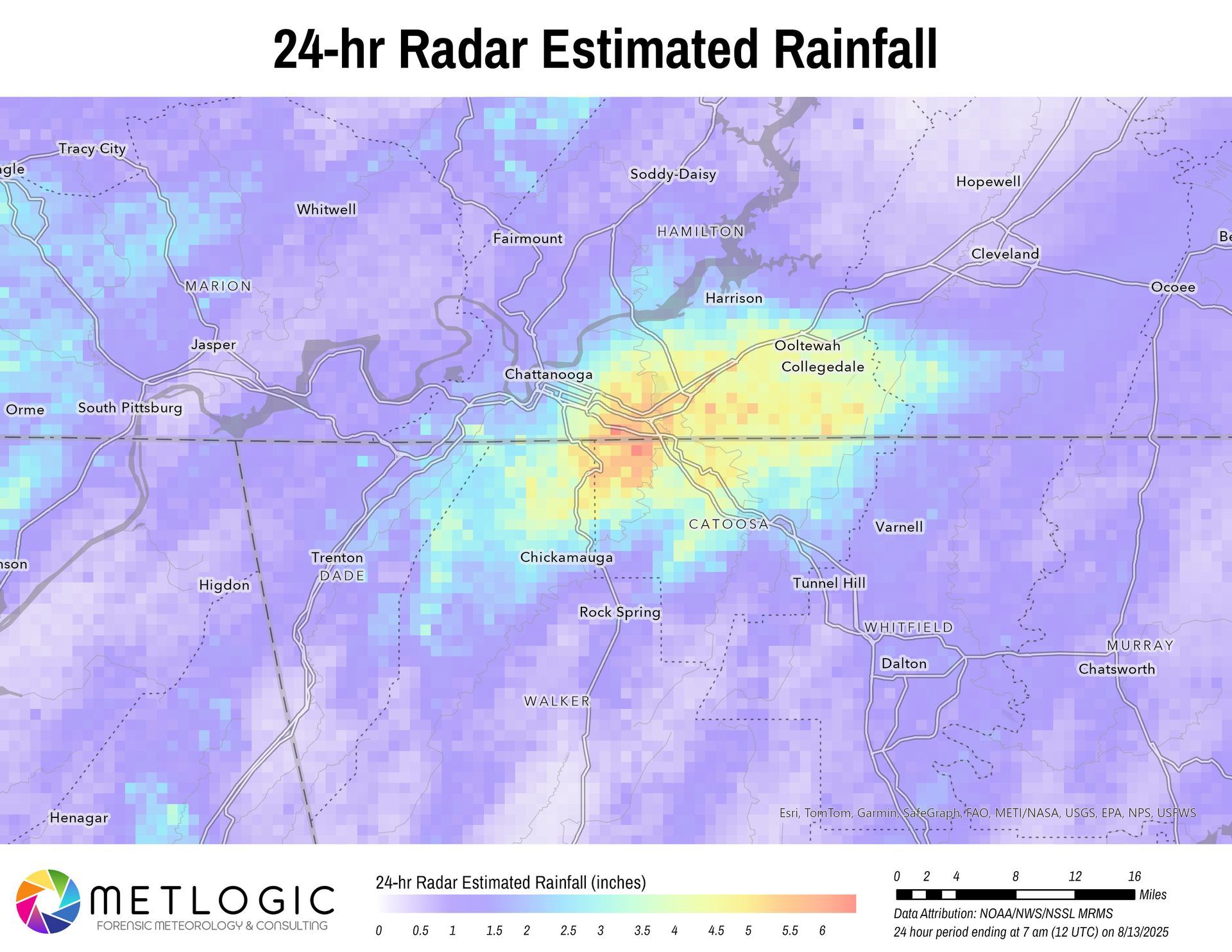 24-hr radar map: Rainfall estimate, showing highest rainfall in yellow and red around a central city area.