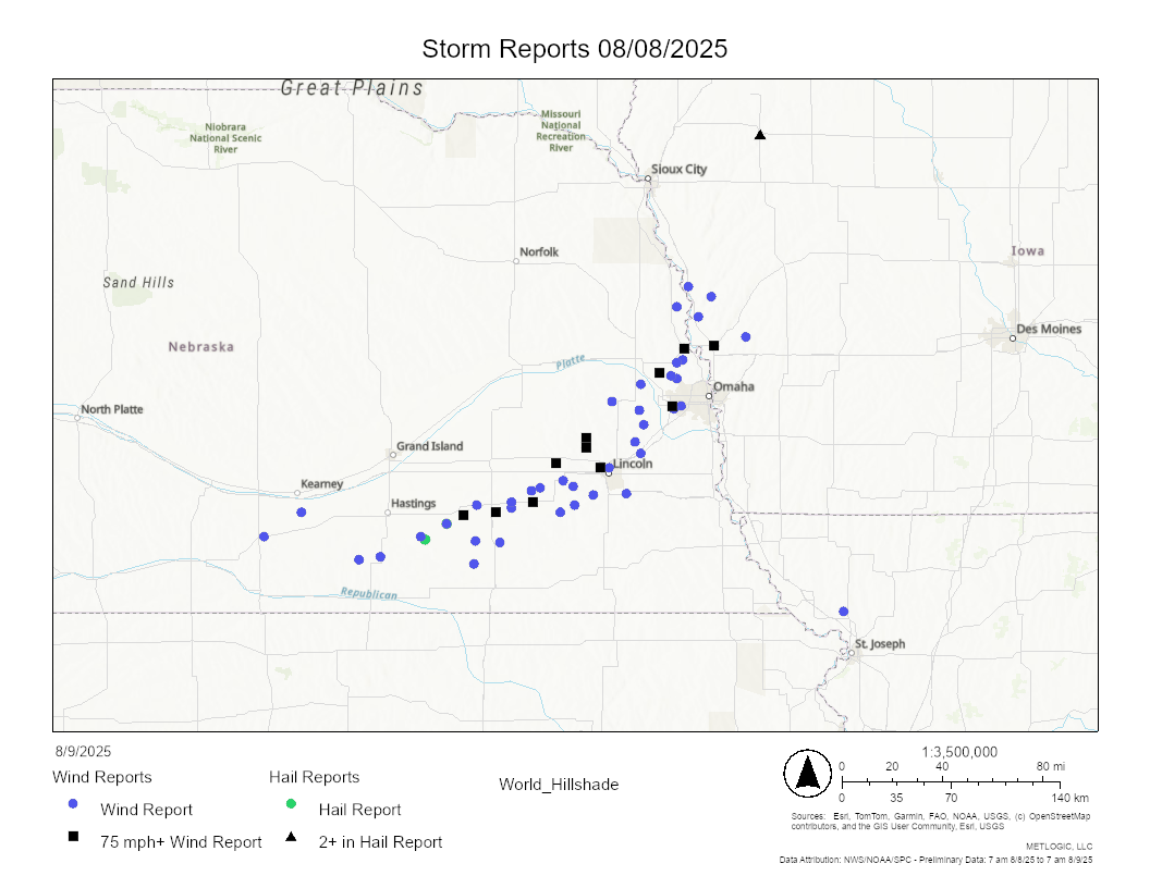 Map of storm reports near Omaha, Nebraska, with locations of reports highlighted in blue, black, and green.