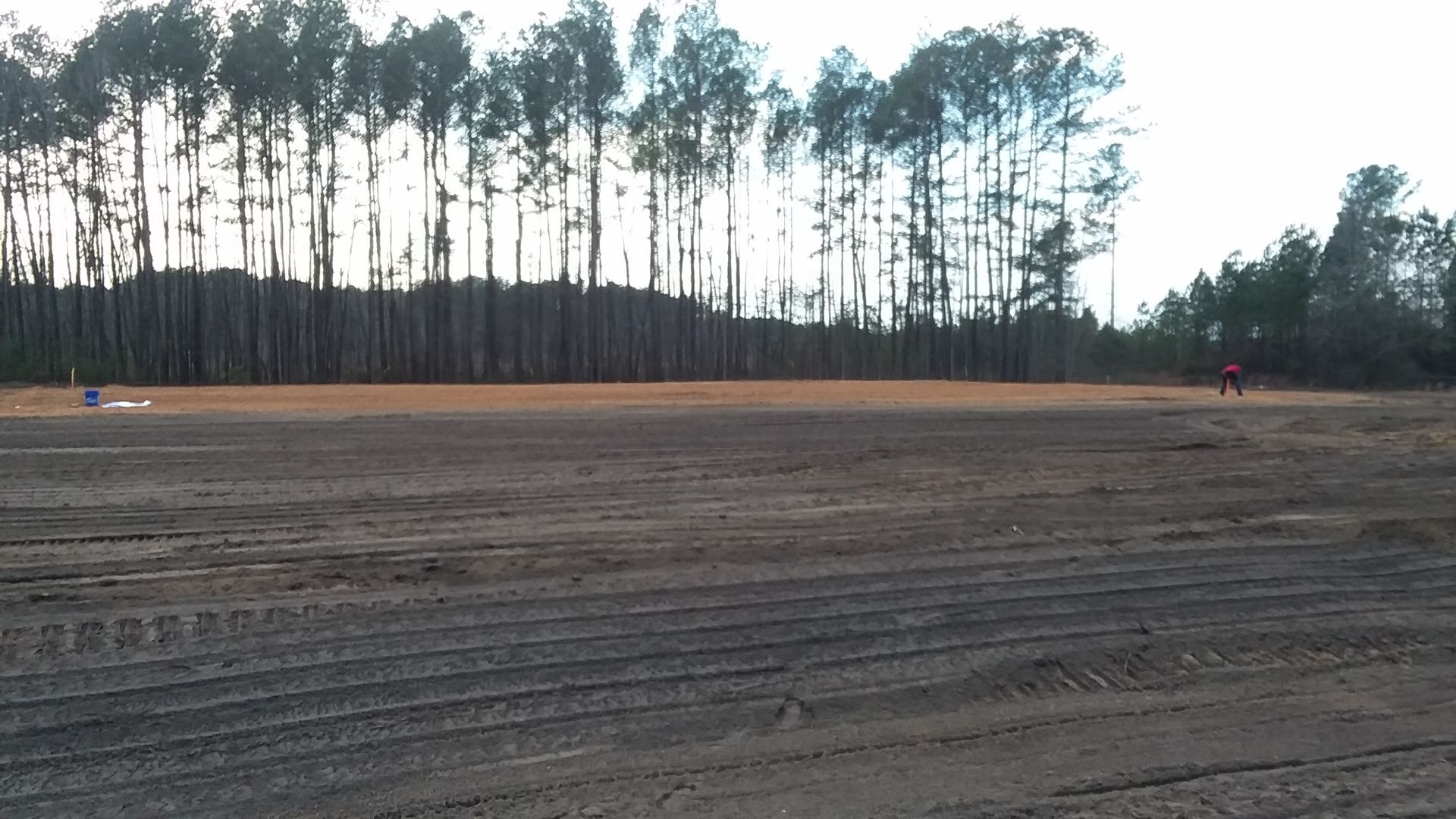 A dirt field with trees in the background