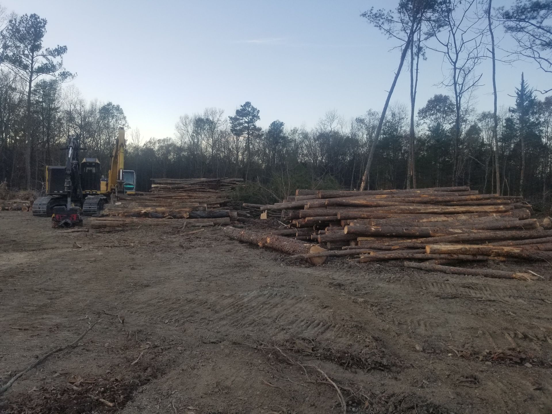 A pile of logs in a field with a tractor in the background.