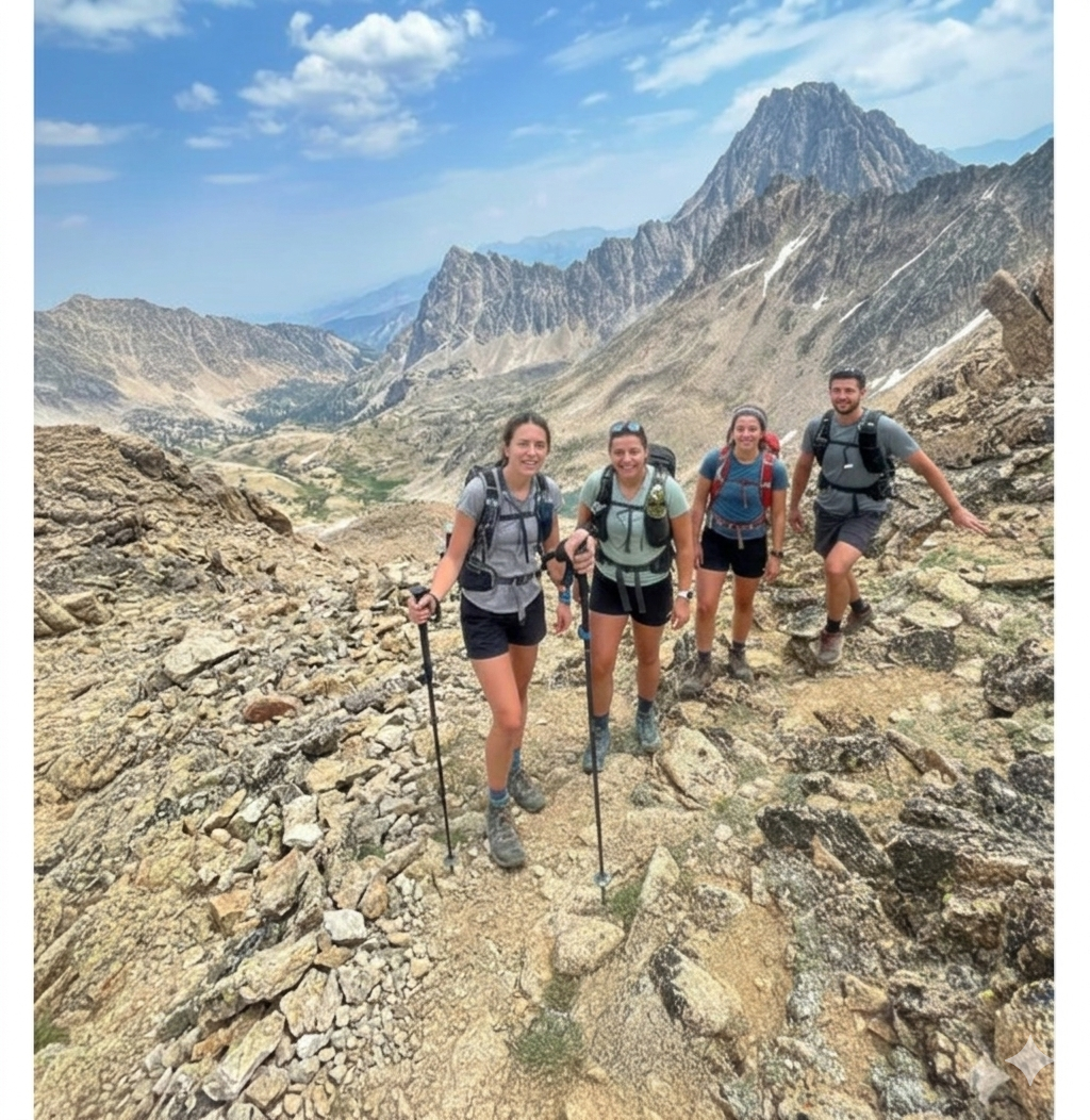 Group of hikers ascending a rocky mountain trail under a blue sky, one taking a selfie.