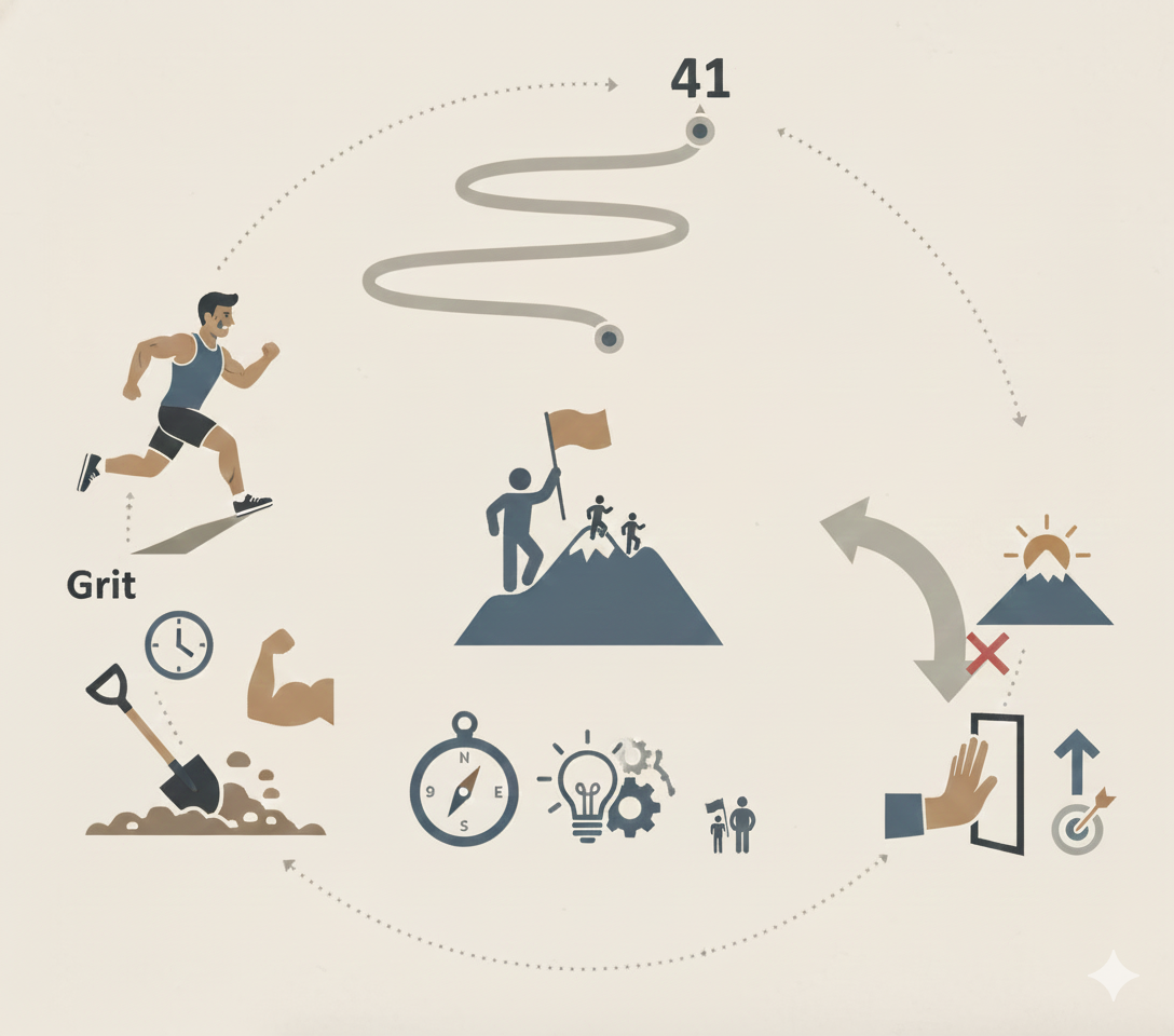 Athlete running towards goal at Mile 41 on path, then to mountain top, feedback loop. Grit to persevere. 