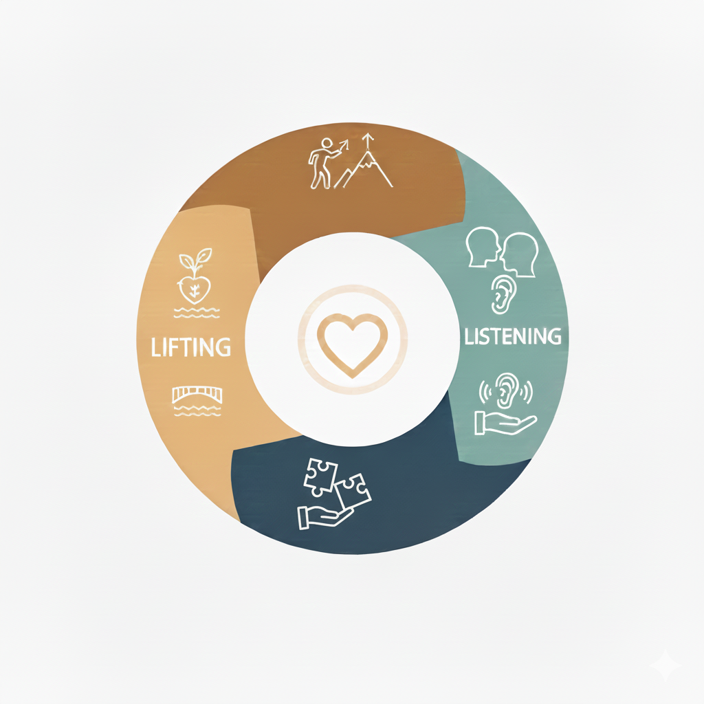 Circular diagram with heart center: stages labeled Lifting, Listening, and Problem Solving.