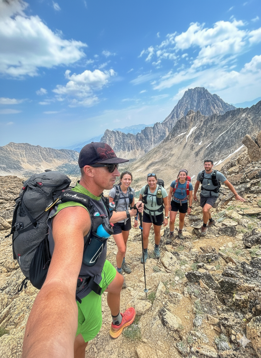 Group of hikers ascending a rocky mountain trail under a blue sky, one taking a selfie.