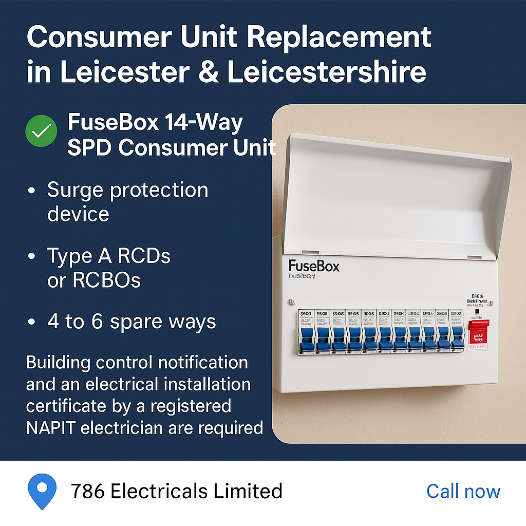 Consumer unit replacement Leicester and Leicestershire 786 Electricals 