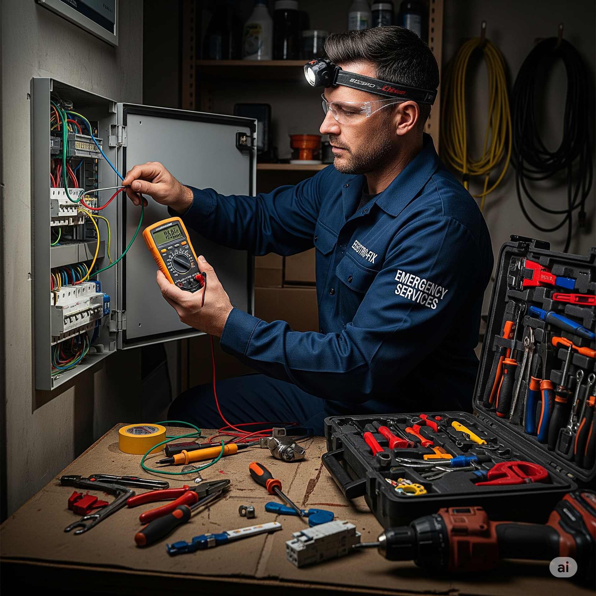 A professional emergency electrician, wearing a branded uniform, working on a consumer unit.