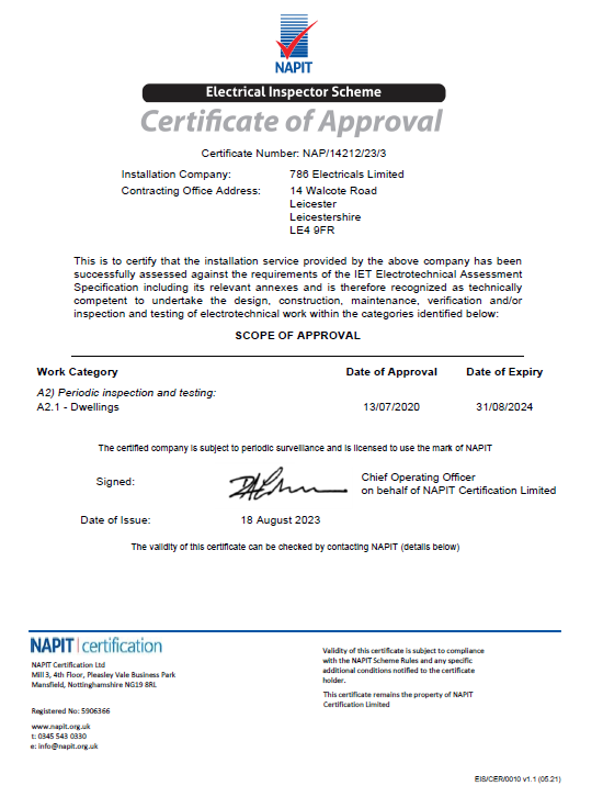 NAPIT electrical Inspector Scheme Certificate