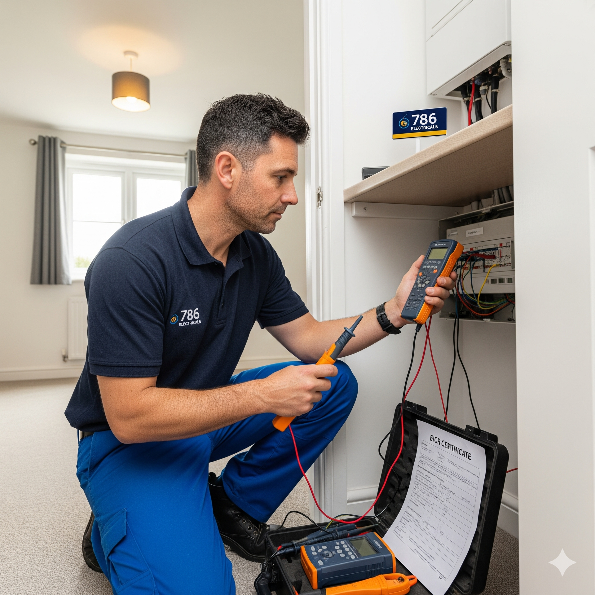 A male electrician, wearing a dark blue 786 Electricals polo shirt and blue work trousers.
