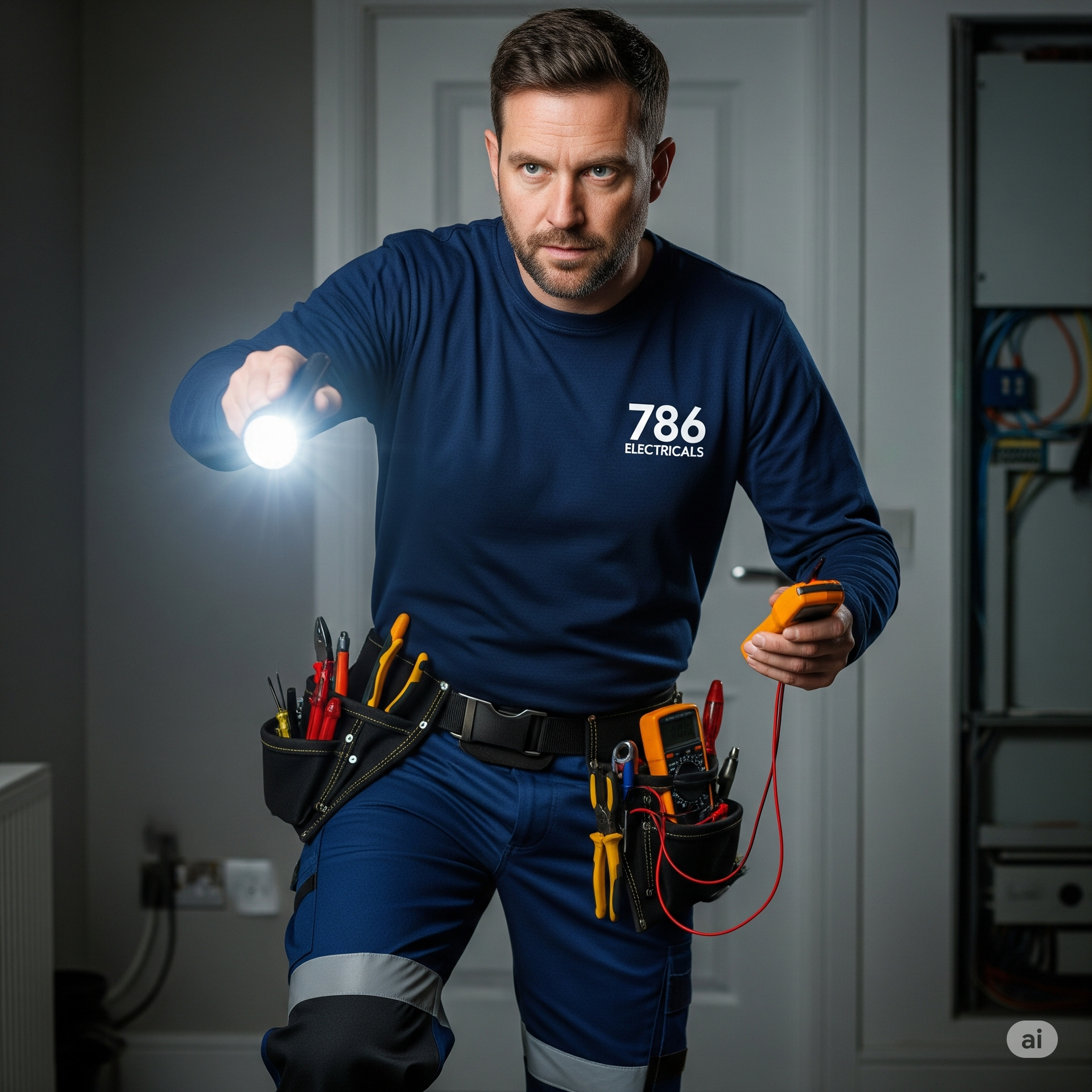 Emergency electrician from 786 Electricals in Leicester, wearing a branded uniform and holding essential tools like a multimeter and flashlight, ready to address urgent electrical issues