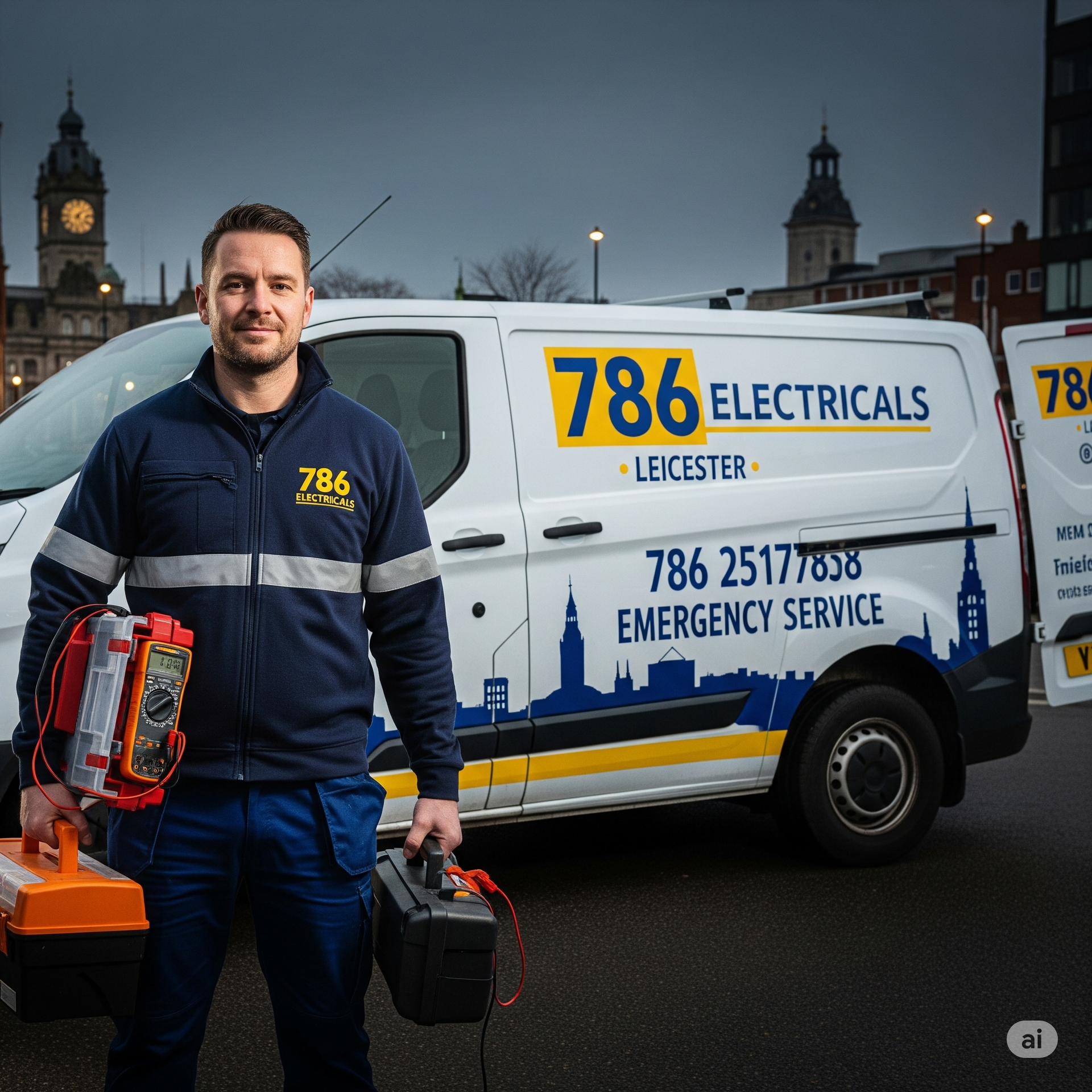 Emergency electrician from 786 Electricals in Leicester, standing confidently with tools