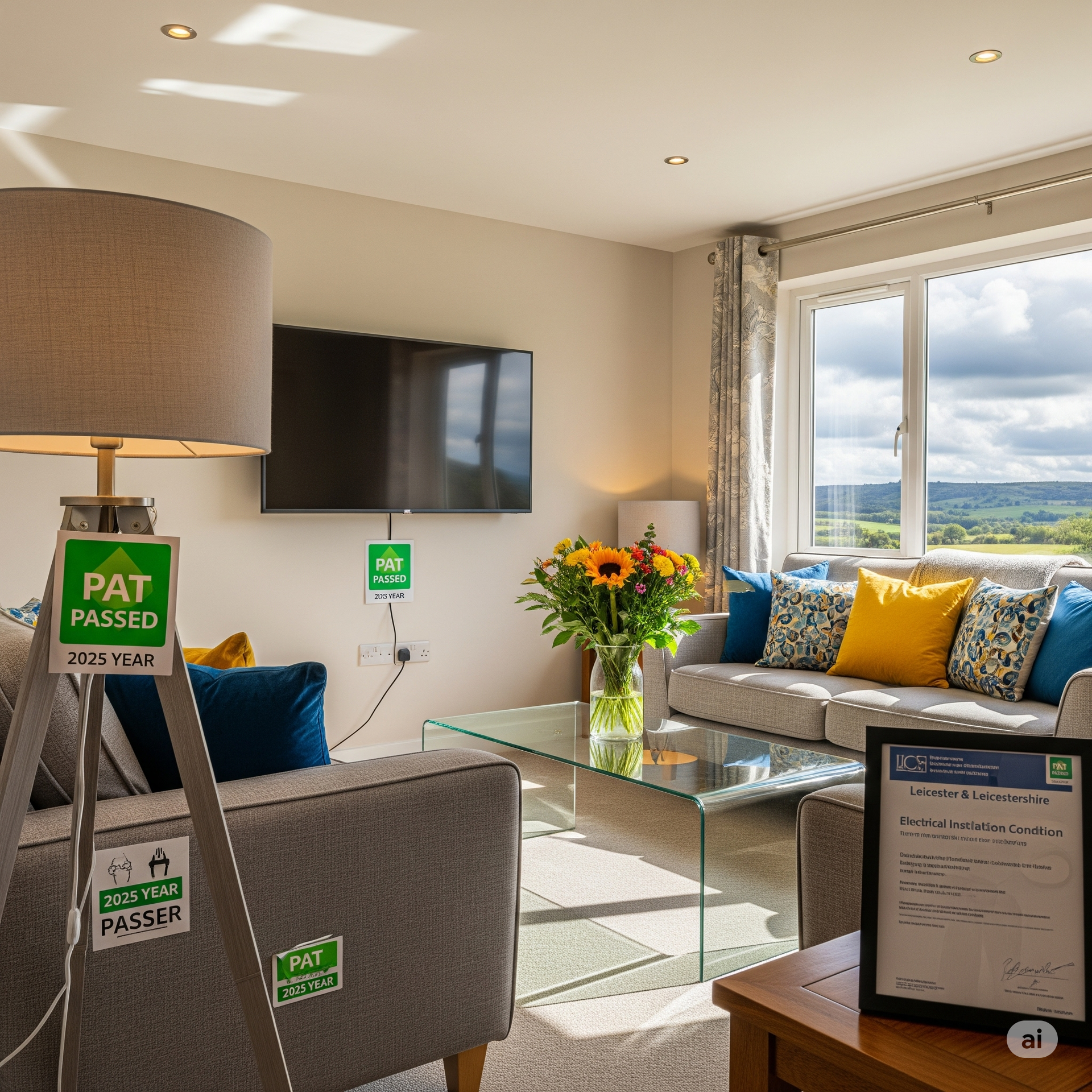 A meticulously maintained, brightly lit modern living room in a Leicestershire holiday let.