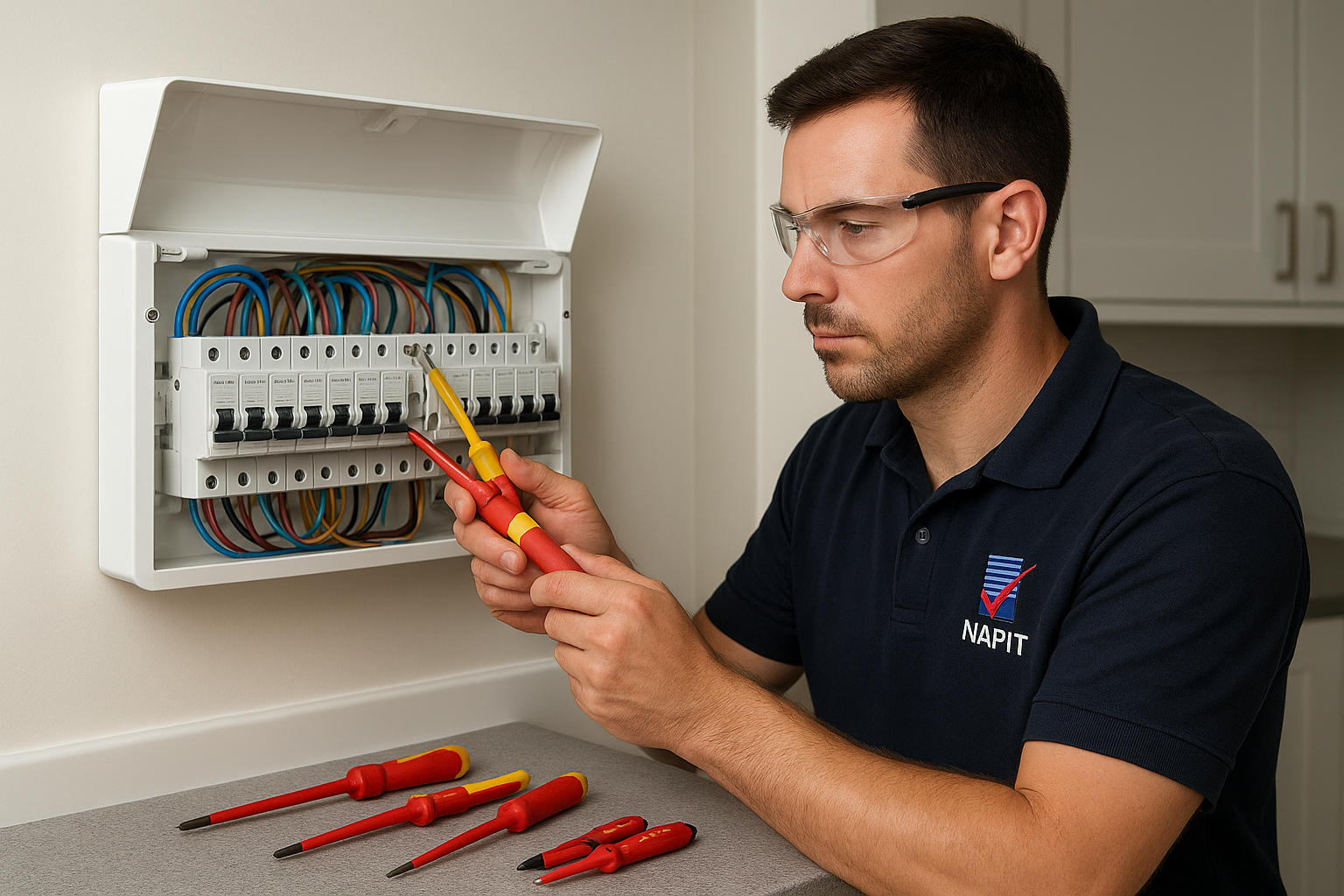 NAPIT-registered Leicester electrician installing a residential fuse box safely and professionally