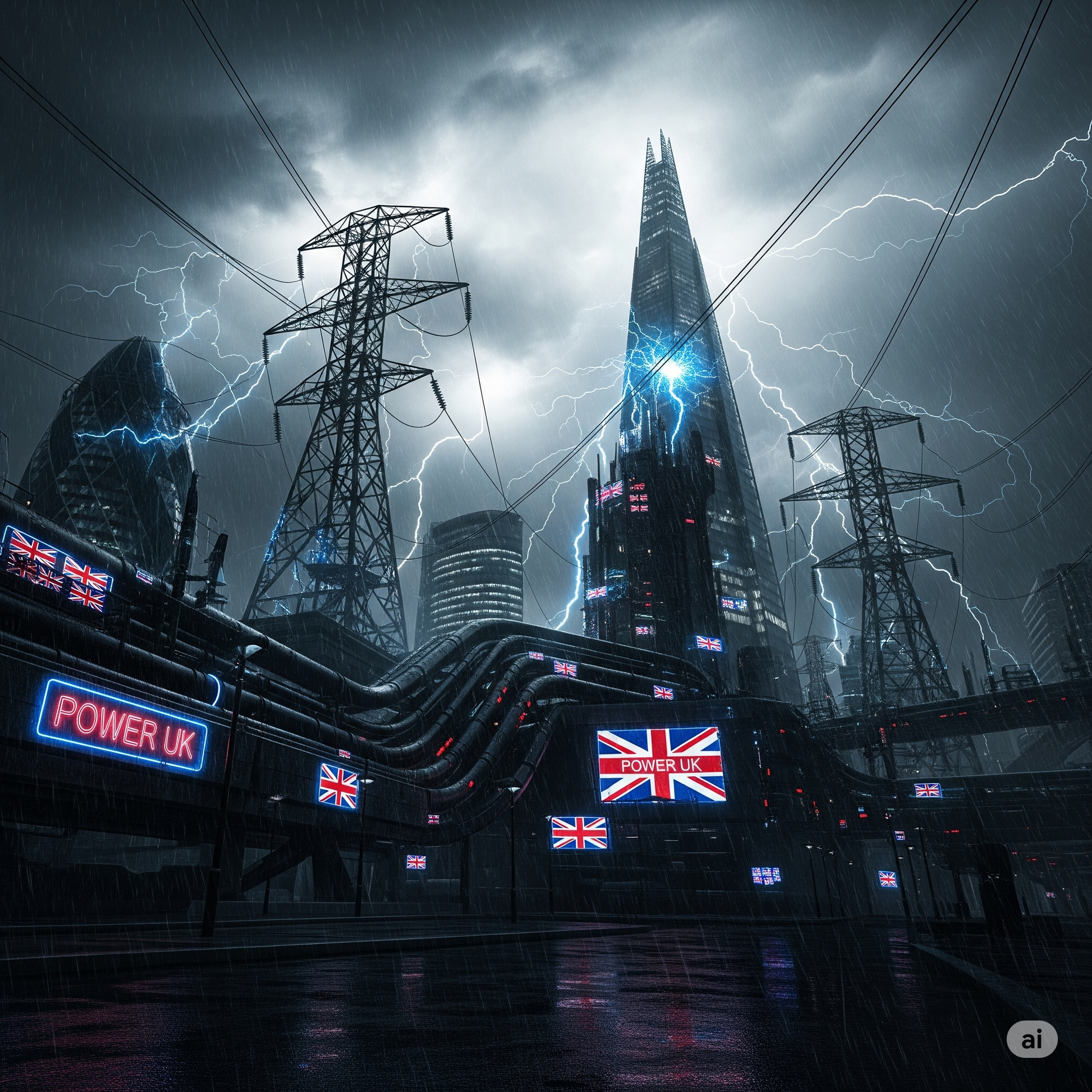 A dramatic, dystopian scene in a futuristic, storm-battered .