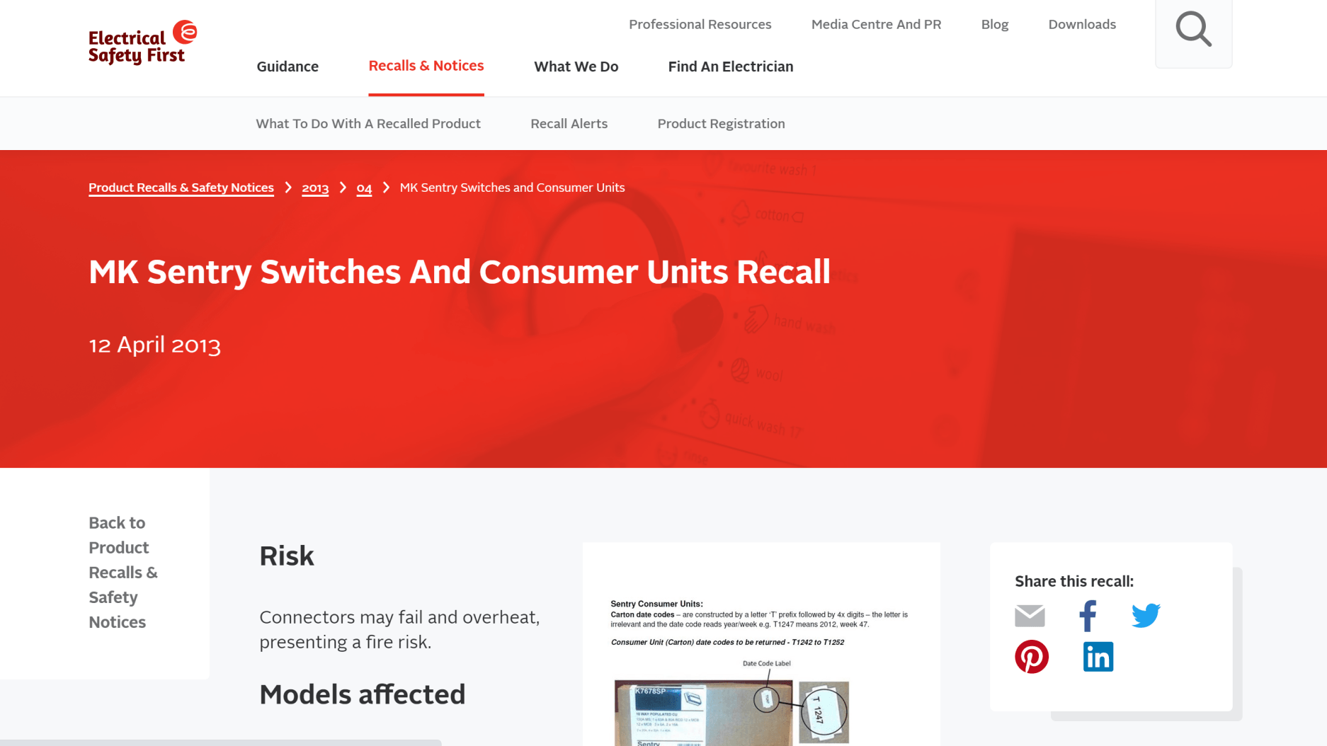 MK Sentry Switches and consumers units recall