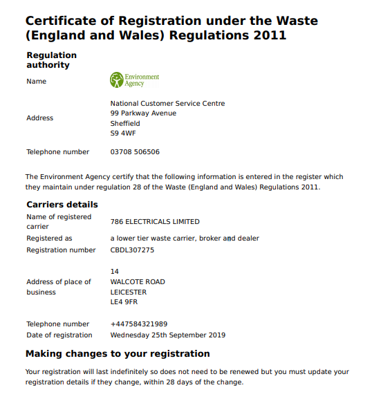 commercial electrician certificate of registration under the waste regulations 2011