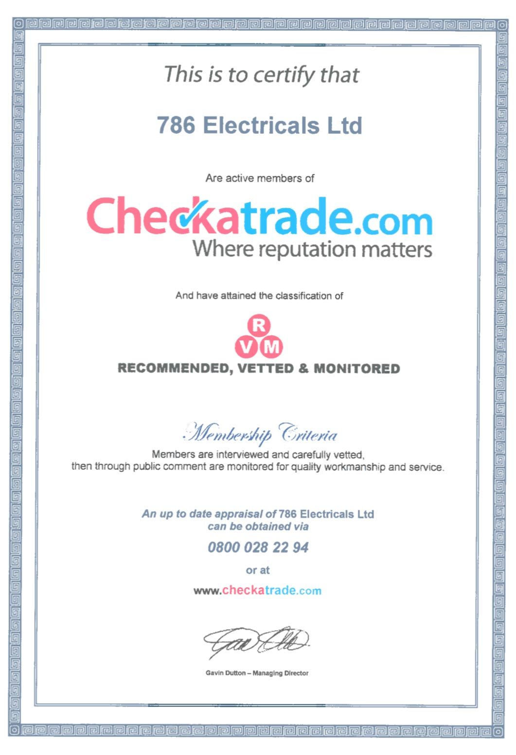 786 Electricals Checkatrade Registration Leicestershire