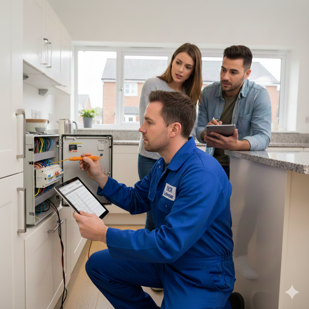 Qualified electrician performing an EICR (Electrical Installation Condition Report) inspection 